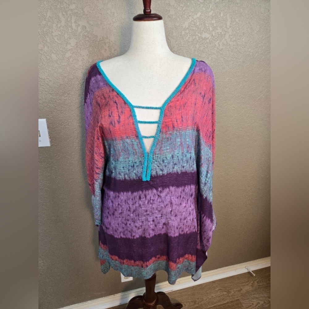 Vix Paula Hermanny Purple Striped Swim Cover-Up with Bead Detail Medium (6033)